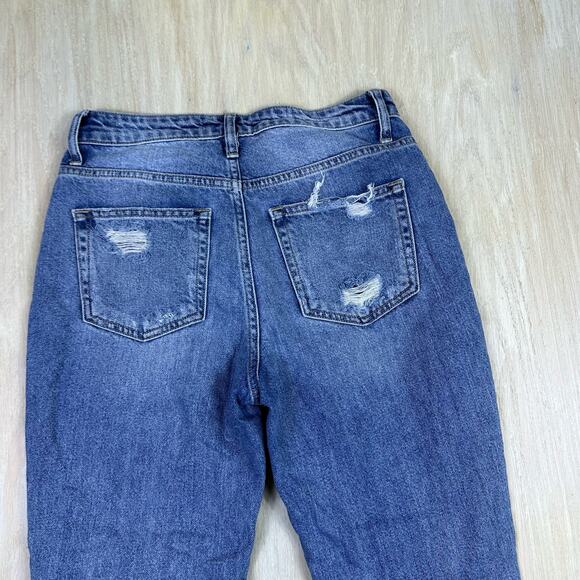 Flying Monkey Distressed Medium Wash Fray Hem Relaxed Straight Mom Jeans 26 - Picture 8 of 16